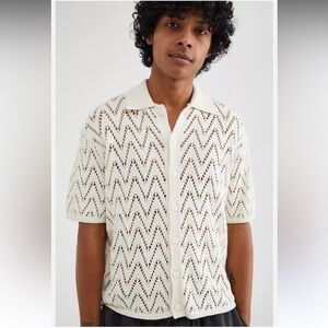 Urban Outfitters BDG Cream Open-Knit Short Sleeve Button Cardigan resortwear
